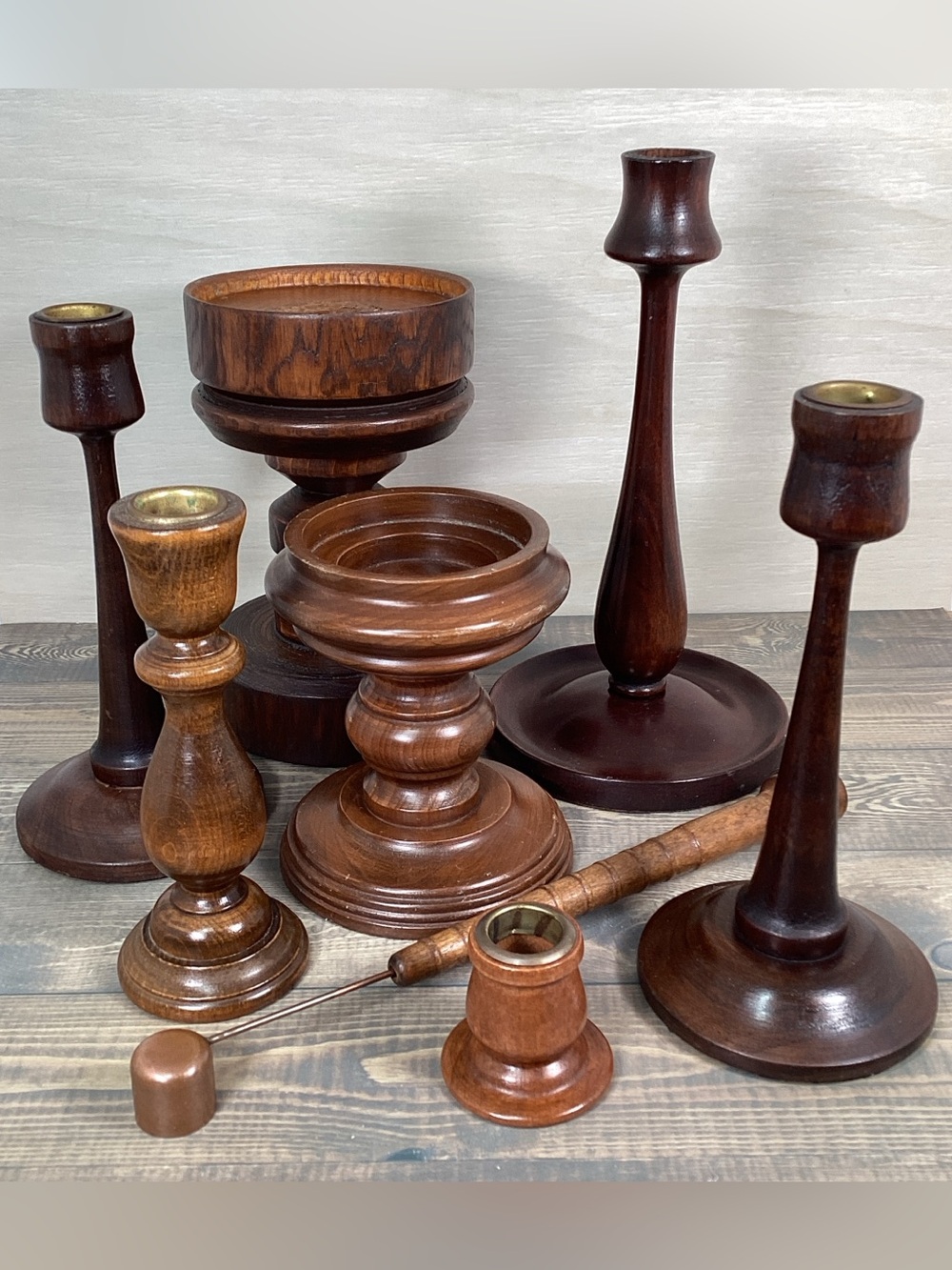 Vintage Lot 7 Wood Candlesticks & Spool Bobbin Candle Snuffer